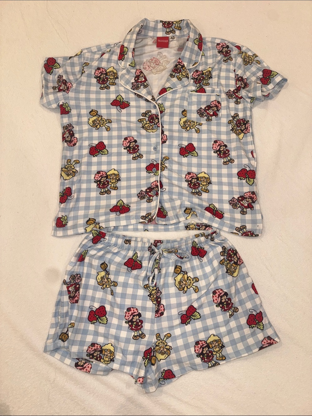 Women’s Cotton Short Pajama Set in Light Blue Gingham with Strawberry Print